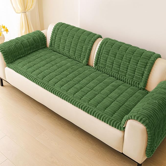 hyha Couch Cover for Dogs Washable, Non Slip Thick Flannel Sofa Protector, Pet Friendly Plush Furniture Cover for Sectional Sofa & Loveseat (Olive Green, 27.6" x 59")