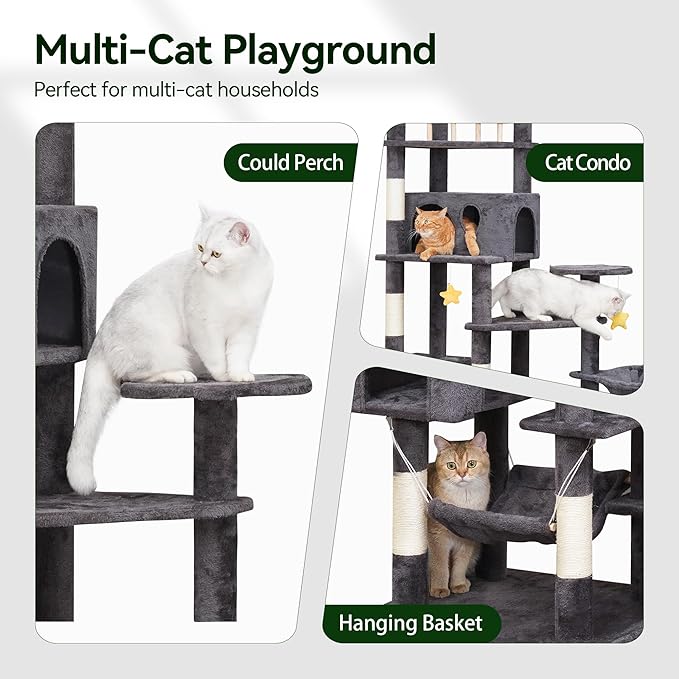 Meecal 79in Giant Cat Tree for Heavy Duty Big Cats, Large Cat Trees with Scratching Post, Cat Tree Tower with Cat Condos, Hammock & Plush Perch for Maine Coon, Smoky Gray