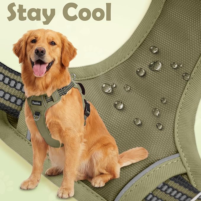 Funfox Dog Harness No Pull, Adjustable Pet Vest Harness, Super Soft Material with Vertical Handle Easy Control, Reflective Night Walking, 2 Leash Clips for Small Sized Dogs, Army Green, S