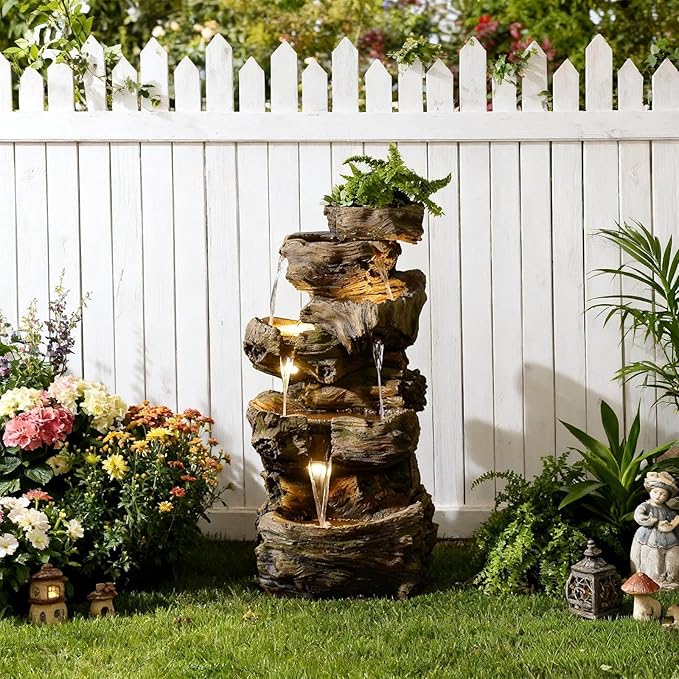 Sunlinua 40" H Outdoor Water Fountain with 5 Tiers Large Cascading Realistic Tree Trunk Waterfall Fountains with LED Lights Outdoor Water Fountain for Garden Patio Backyard Porch Home Decor