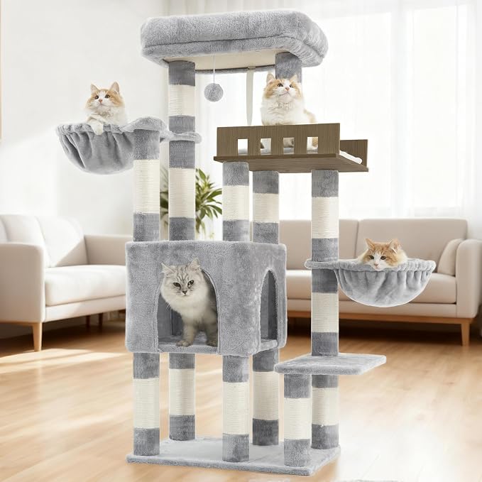 Gitelsnour Cat Tree for Indoor Cats Large Adult, Heavy Duty Cat Tree for Large Cats 20 lbs+, Cat Condo with Big Wooden Perch, Cat Tower with 14 Scratching Posts, Hammock, Light Gray GCT023W