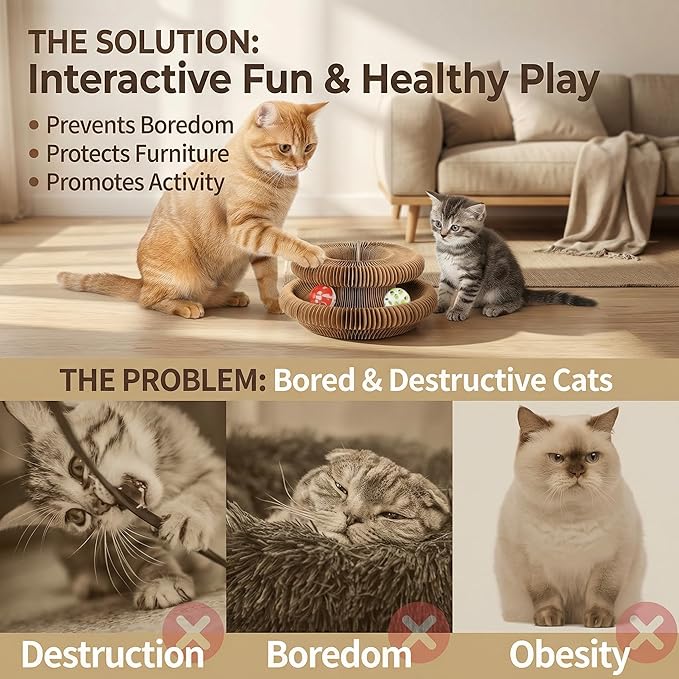 Magic Organ Cat Scratcher Board with 2 Bell Ball, Cat Ball Adventure The Ultimate Interactive Mental Physical Exercise for Indoor Cats Toy
