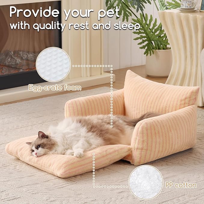 Hollypet Cat Bed Fluffy Plush Multifunctional Double-Layer Machine Washable Soft Warming Kitty Pet Couch Orthopedic Nest Beds for Small Cats Kitten and Dogs up to 13lbs, Pink Stripes(25x20x13 inch)