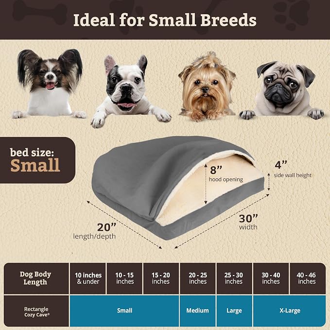 Snoozer Rectangle Cozy Cave Dog Bed - Indoor Dog Bed with Cover Cave, Covered Calming Burrow for Small Sized Pets with Blanket Attached, Enclosed, Washable Cover - Small, Heather Gray