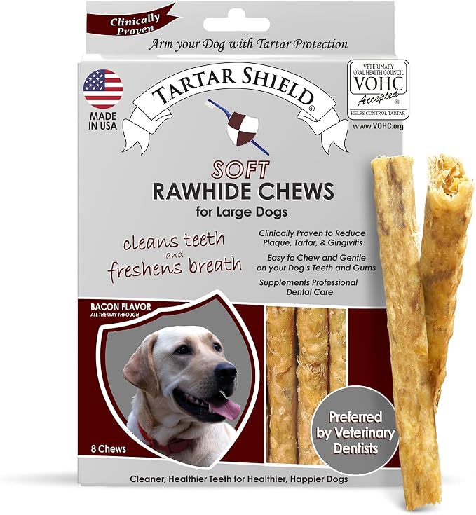 Tartar Shield® Soft Rawhide Dental Chews for Large Dogs | VOHC Accepted | Reduces Tartar, Controls Plaque & Freshens Breath | Vet Recommended | Bacon Flavor | USA Made | 8 Count
