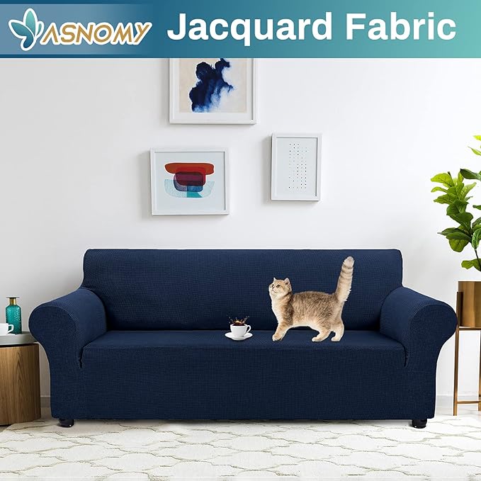 Asnomy Couch Covers for 3 Cushion Couch Stretch Sofa Covers Slipcovers, Pet Protector Furniture Covers for Dogs Cats Spandex Jacquard Fabric Small Checks （Large， Navy Blue）