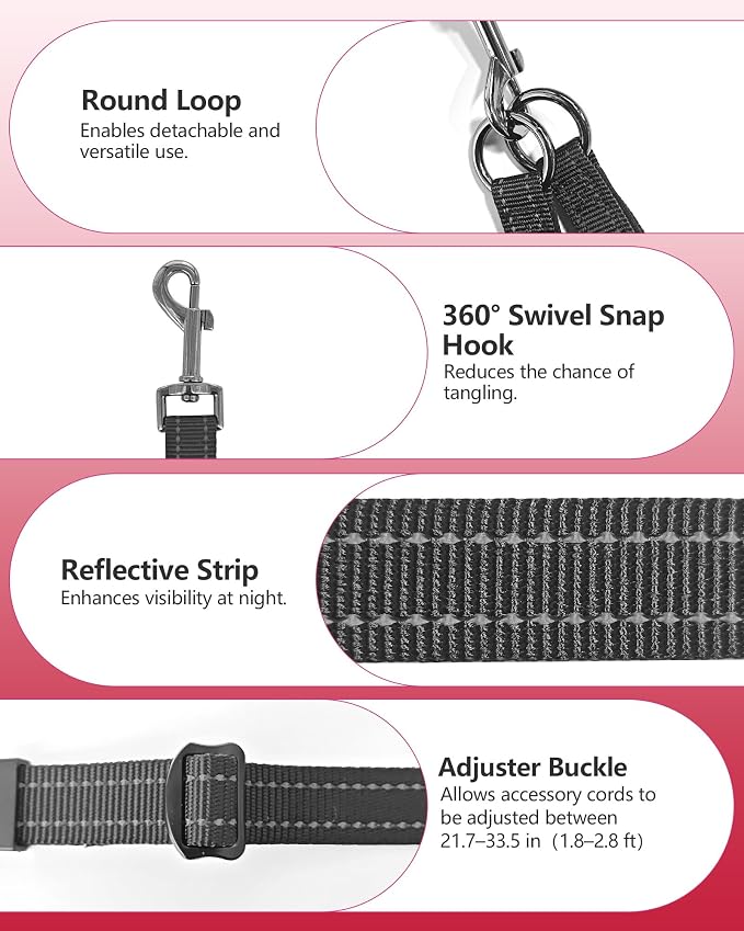 Double Dog Leash - Two Dog Leash No Tangle Design, 3-in-1 Adjustable Waist Belt for Two Dogs, Detachable Dual Leashes or Single Belt, Suitable for Dogs for Training, Running and Walking.