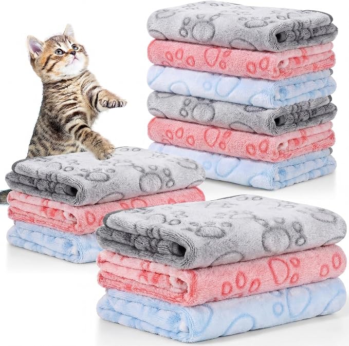 Tegeme 12 Pcs Pet Blankets 30 x 20 Inch Soft Fluffy Fleece Dog Cat Warm Paw Print Pattern Blankets Flannel Throw for Pets Dog Puppy Cat(Pink,Gray,Blue)