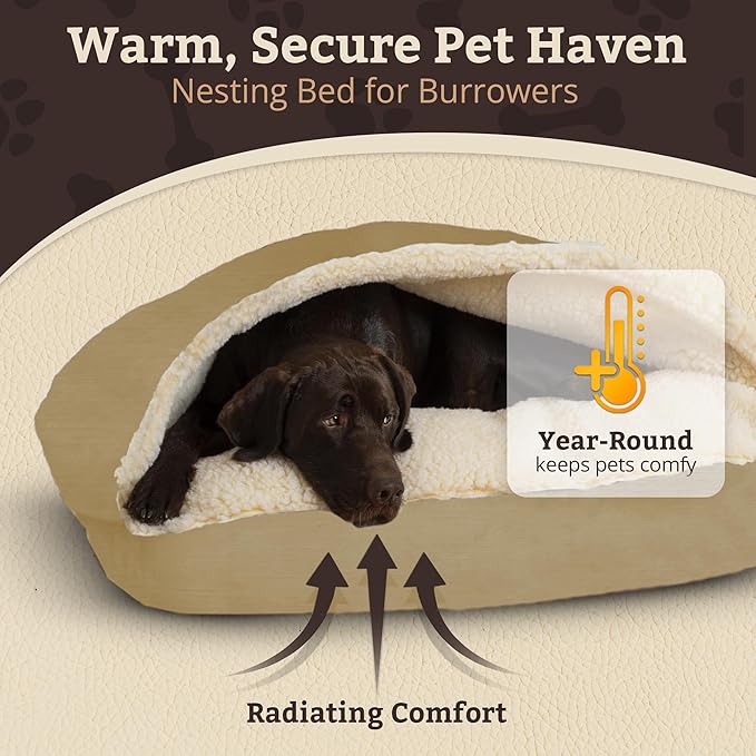 Snoozer Rectangle Cozy Cave Dog Bed - Indoor Dog Bed with Cover Cave, Covered Calming Burrow for Medium & Large Sized Pets with Blanket Attached, Enclosed, Washable Cover - Large, Khaki
