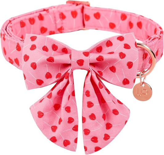 Valentine Dog Collar with Bow Tie, Valentine Bowtie Collar for Medium Girl Dog, Cotton Collar with Durable Metal Buckle, Valentine’s Gift Pet Collar, M, Red Heart