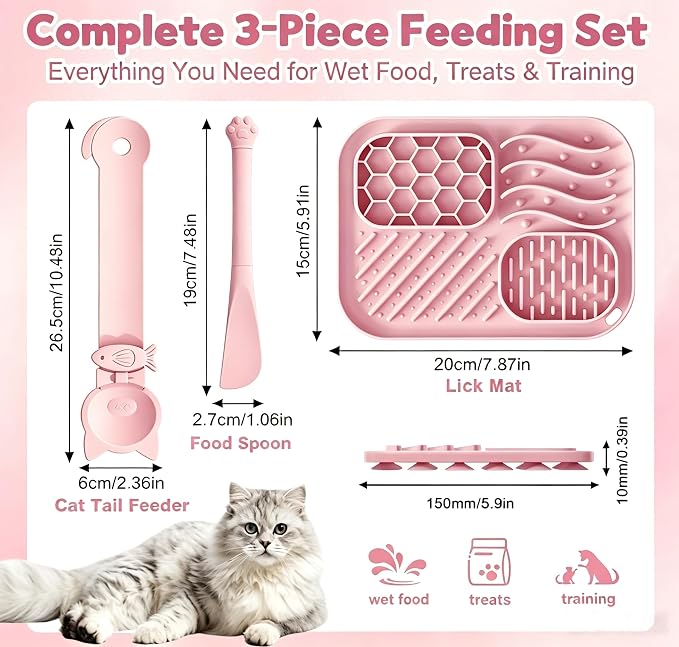 AZY 3-Piece Slow Feeder Cat Bowl Set, Silicone Cat Lick Mat, Cat Treat Dispenser & Food Spoon for Wet Food, Slow Eating & Daily Cat Enrichment (Pink)