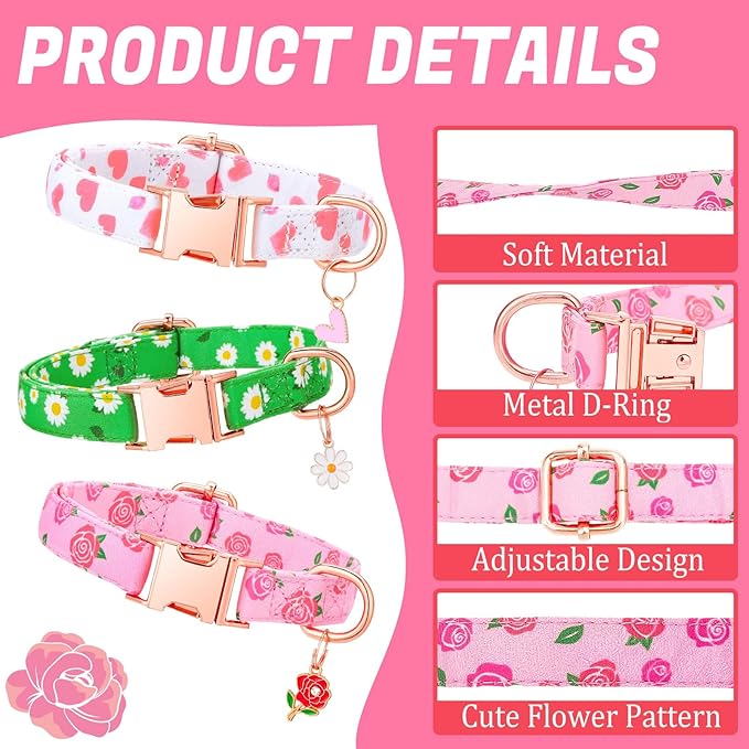 3 Pack Floral Dog Collars for Small Dogs Pink Dog Collar with Flower Pendant for Girl Female Dogs Adjustable Puppy Collars Pet Collar (9-14.5 inch)