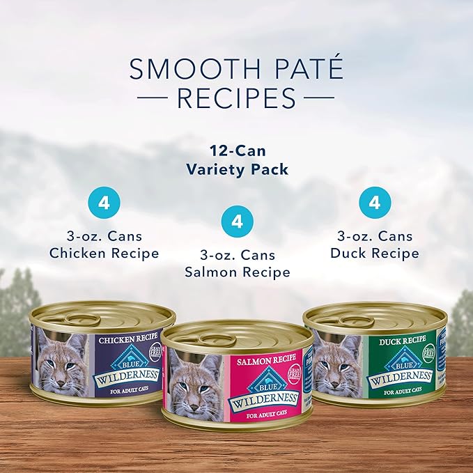 Blue Buffalo Wilderness Paté Variety Pack (Chicken, Salmon, and Duck) Adult Wet Cat Food, High-Protein & Grain-Free Recipes Enhanced with Vitamins, Minerals, and Other Nutrients, 3-oz. Each (12 Count)