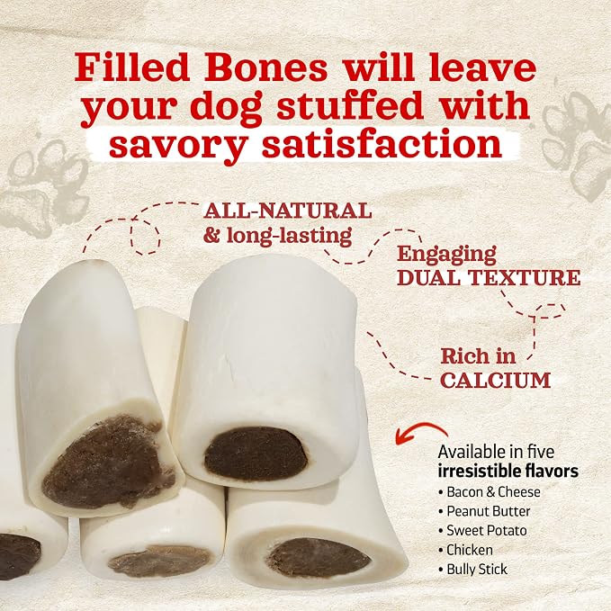 Natural Farm Bacon & Cheese Filled Bones (3-4 Inch, 6 Pack), Limited Ingredient, Natural Stuffed Dental Dog Bone Treats for Dogs, Made with Real Beef