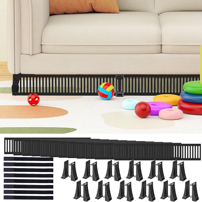 Under Couch Toy Blocker for Kids & Pets – No-Glue Sofa Gap Filler Secured to Sofa Legs, Under Couch Guards, Floor & Carpet Friendly, Quick Install & Removable, 3.2" Height, 12 Pack