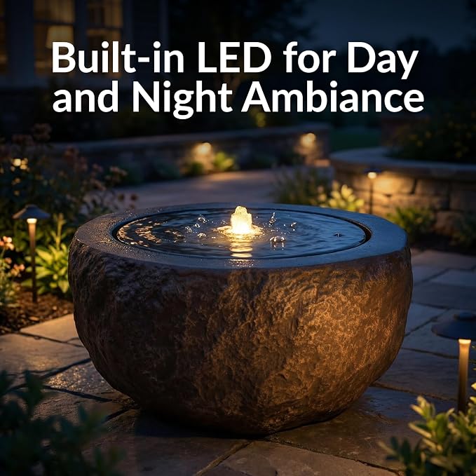 Sunnydaze Outdoor Water Fountain with LED Light - Polystone Round Bowl Bubbler Water Feature with Pump - 9.5" H - for Patio, Garden, Deck, Relaxation and Stress Relief - Brown