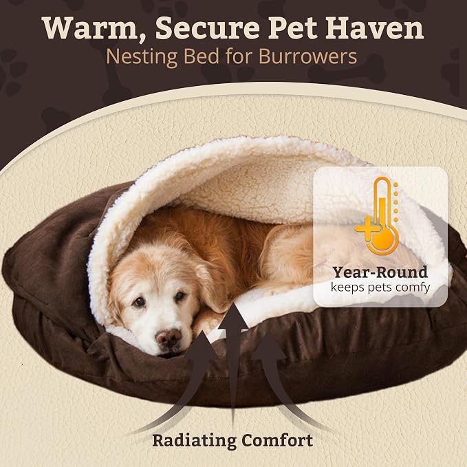 Snoozer Cozy Cave Dog Bed - Indoor Dog Bed with Cover Cave, Covered Calming Burrow for Small Sized Pets with Blanket Attached, Enclosed, Removable Washable Cover - Small, Hot Fudge
