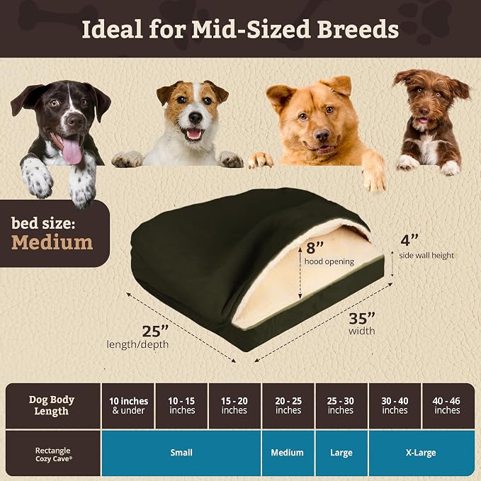 Snoozer Rectangle Cozy Cave Dog Bed - Indoor Dog Bed with Cover Cave, Covered Calming Burrow for Small & Medium Sized Pets with Blanket Attached, Enclosed, Washable Cover - Medium, Olive