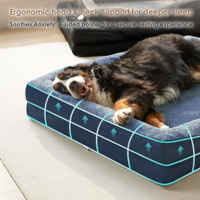 EHEYCIGA Orthopedic XL Dog Bed for Large Sized Dog, 48x35 Inch Extra Large Memory Foam Dog Couch Bed with Sides, Waterproof Liner & Washable Removable Cover, Bolster Pet Sofa, Navy