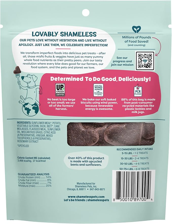 Shameless Pets Soft-Baked Dog Treats, Duck Duck Beet - Natural & Healthy Dog Chews for Digestive Support with Fiber - Dog Biscuits Baked & Made in USA, Free from Grain, Corn & Soy - 1-Pack