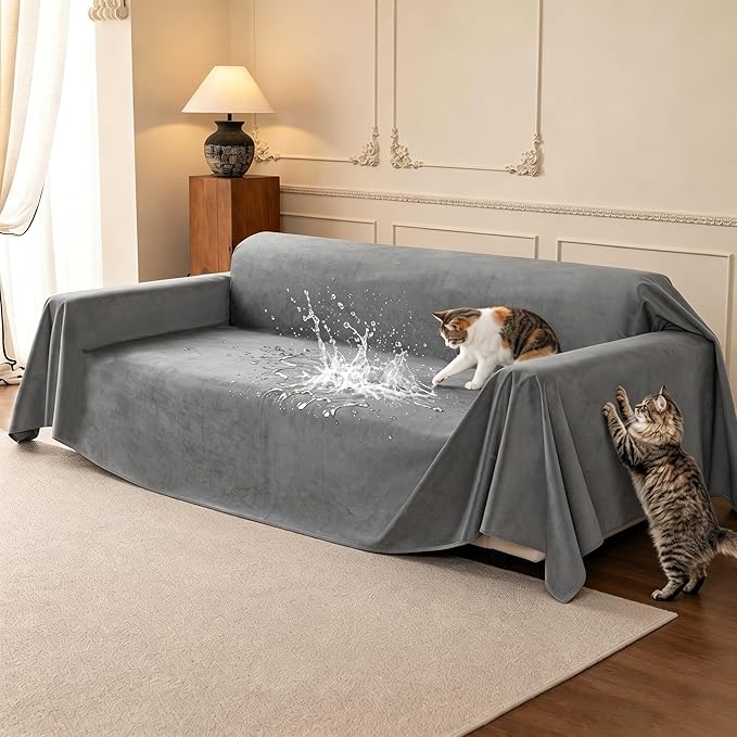 LOllON Velvet Couch Cover for Cats Dogs Kids - 100% Waterproof Cat Scratch Resistant Sofa Cover, Non-Slip Washable Furniture Protector,Ultra Soft Pet-Friendly Slipcover for 3-Seat Sofa 118"x71" Grey