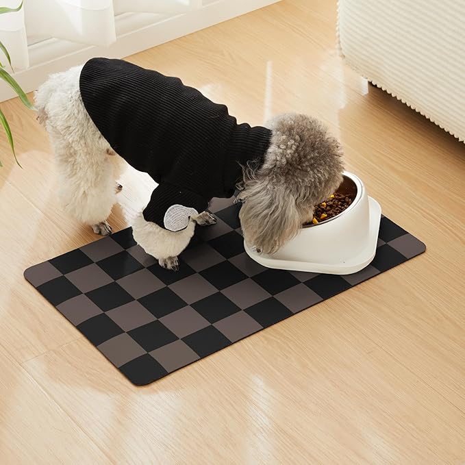 Checkered Dog Feeding Mat, Absorbent Mats for Dog Food and Water Bowl, Dispenser, Aesthetic Orange Checkerboard Pet Placemat for Dogs, Cats, Puppy Accessories (Brown, 16 x 24)