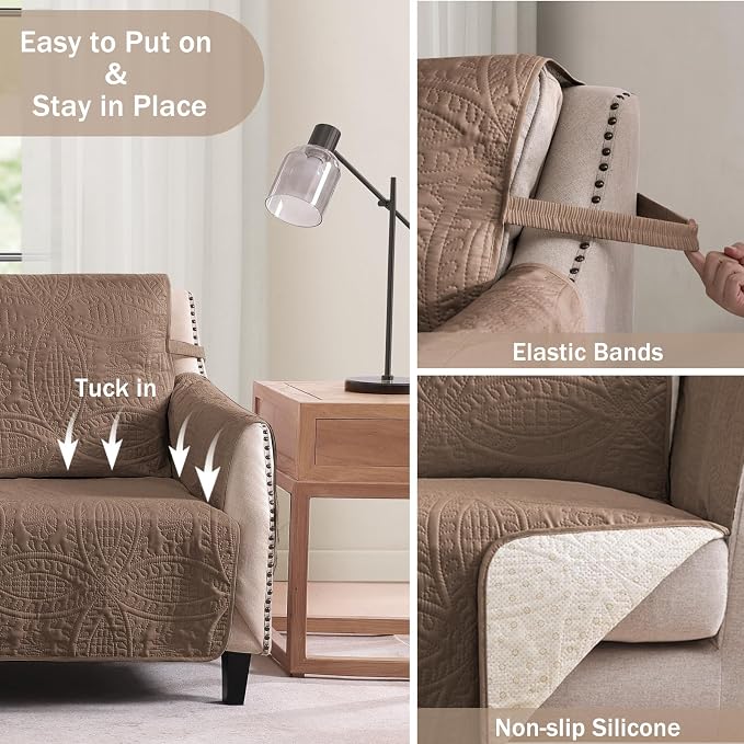Toffee Quilted TV Recliner Covers, Medium Recliner Chair Covers, Lazy Boy Chair Covers, Pet Friendly Recliner Slipcover for Dogs, Washable Furniture Protector (Recliner 26", Raw Umber)