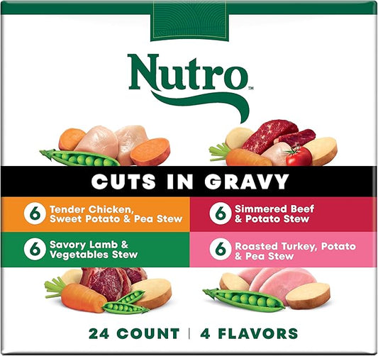 Nutro Natural Choice Cuts in Gravy Wet Dog Food, Grain Free Dog Food Wet Turkey, Chicken, Lamb, Beef Recipes Variety Pack, 3.5 oz. Trays (24 Count, Pack of 1)
