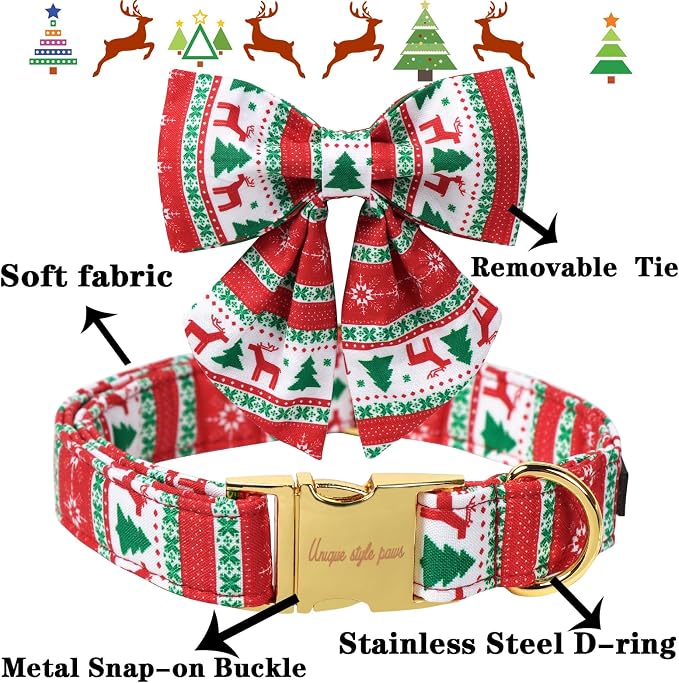 Unique Style Paws Christmas Day Dog Collar with Bowtie Christmas Tree Cotton Puppy Collars for Small Medium Large Dogs