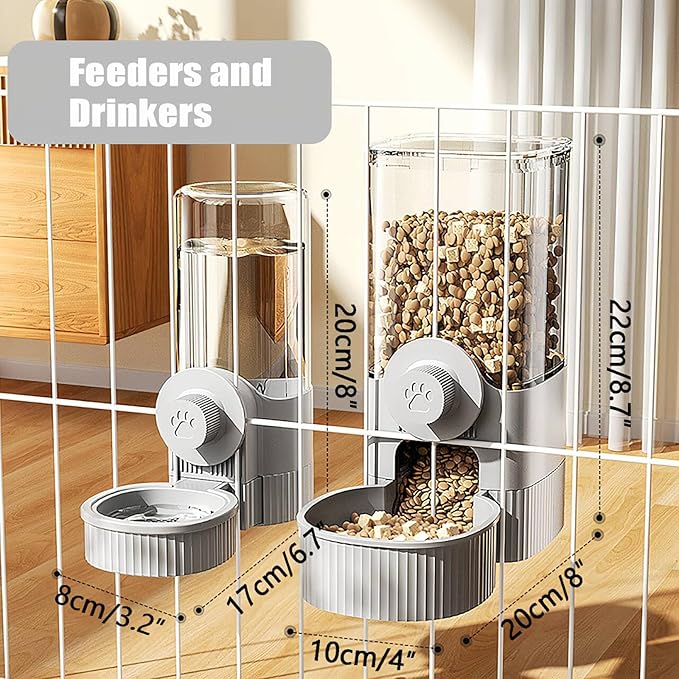 Hanging Automatic Food Water Dispenser,Rabbit Feeder Guinea Pig Water Bottle Food Feeder for Ferret Guinea Pig Rabbit Bunny Cage Accessories (Grey, 520ml+1200ml)