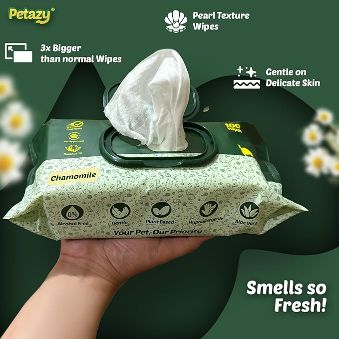 Petazy Pet Wipes for Dogs and Cats – 100 Count (8x8in) Hypoallergenic, Deodorizing Dog Wipes for Paws, Ears and Butt | XL with Aloe & Coconut Oil, Chamomile Scented | Travel Size, On-the-Go Pack