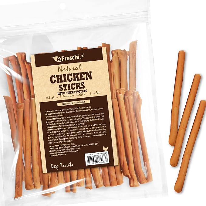 Afreschi Chicken Dog Treats, All Natural, Healthy & Easily Digestible, Grain-Free Puppy Chews, Low-Fat, Human Grade Training & Rewards Dog Snacks, Chicken Sticks with Sweet Potato, 24 oz Pack