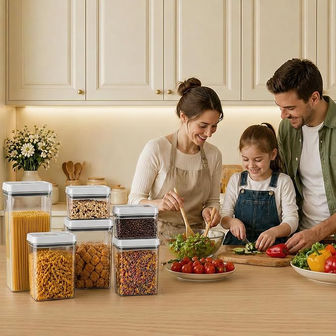 UFORU Food Storage Containers with Twist Lids, 6 Pcs Airtight Food Storage Containers Set, Stackable Kitchen Pantry Organizer, Rotary Opening Containers for Flour, Cereal & Sugar(0.7/1.3/1.8QT)*2
