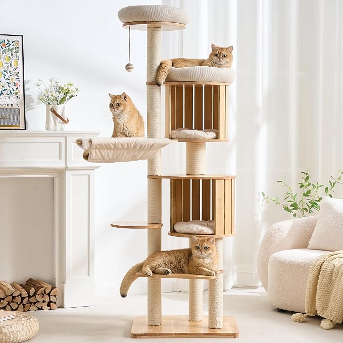 70" Modern Wood Cat Tree for Indoor Cats, Multi-Level Cat Tower with 2 Hidden Cat Caves, Hammock, Elevated Top Beds & Sisal Scratching Posts, Furniture-Style Cat Condo for Multi-Cat Homes