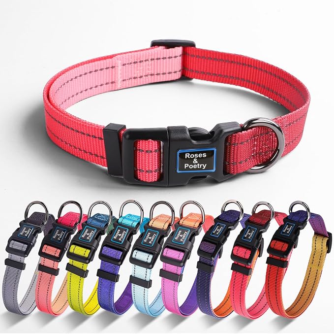 Roses&Poetry Small Dog Collar, Adjustable Reflective Puppy Collars Durable Pet Collars for Small Medium Large Dogs(Rosepink-S)