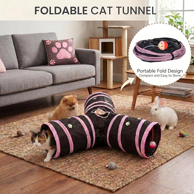 Cats Bunny Tunnel Tube Pink,3 Way Collapsible Small Animal Play Tunnel Toys with Ball for Indoor Cat Kitten Bunny Rabbit Ferret Small Animals (Black@Pink)