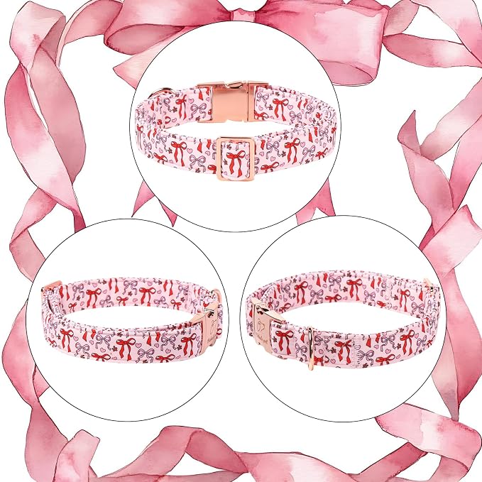 Pink Dog Collar for Female Medium Dogs - Cute Bow Pattern Girl Dog Collar for Spring Summer, Adjustable Heavy Duty Pet Valentines Collars with Metal Buckle M