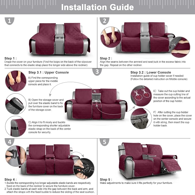 TAOCOCO Waterproof Loveseat Recliner Cover with Console, Non-Slip Reclining Loveseat with Console Cover with Pocket, Split Recliner Sofa Covers Furniture Protector for Pets Dogs(2 Seater, Wine)