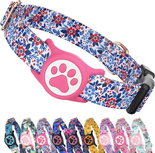 Airtag Dog Collar,with Waterproof airtag Holder，Original Stylish Cute Pattern Design.QR Code ID Buckle，Comfortable Soft Cotton for Small Medium Large Dogs