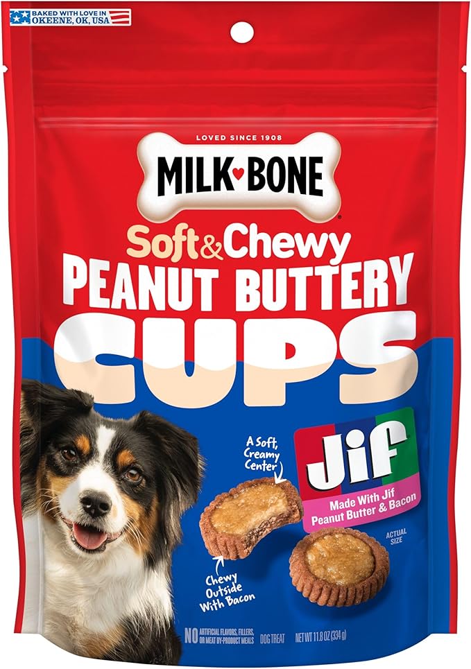 Milk-Bone Peanut Buttery Cups, Filled Soft Dog Treats with Jif Peanut Butter & Real Bacon, 11.8 Oz. Bag