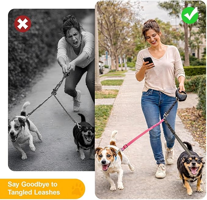 Double Dog Leash for Two Dogs, Professional No Tangle 360° Swivel Coupler with Shock Absorbing Bungee, Adjustable Length Dual-Sided Reflective Two Dogs Lead Splitter for Small Medium Large Dog