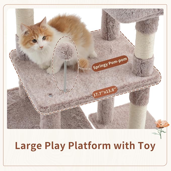 Gitelsnour Cat Tree for Indoor Cats, 55.1 inch Cat Tower with 7 Sisal Scratching Posts, Multi-Level Cat Condo wit Large Play Platform Furry Ball, Cat Cave, 2 Padded Perches, Basket, Mushroom GCT013MU