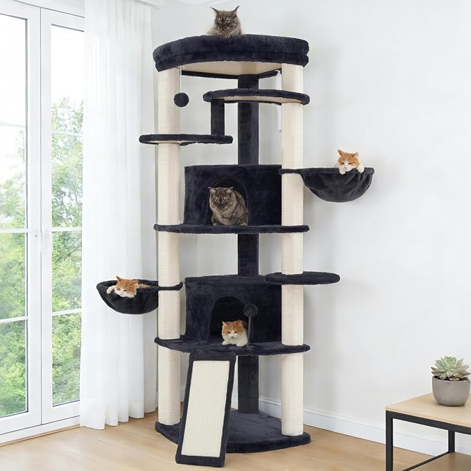 Gitelsnour Corner Cat Tree for Indoor Cats, Cat Tower with All Sisal Scratching Posts, Multi-Level Cat Condo wth 2 Large Cat Caves, Big Top Perch, 2 Hanging Baskets, Sisal Ramp, Drak Gray GCT035G