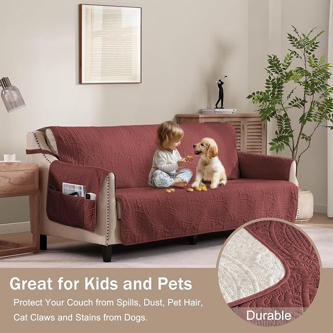 Quilted Grand Sofa Covers for 4 Cushion Couch, Couch Cover for Grand Sofa Washable, Soft Cozy Couch Protector, Oversized Grand Sofa Slipcovers Water-Repellent (Grand Sofa 98", Red)