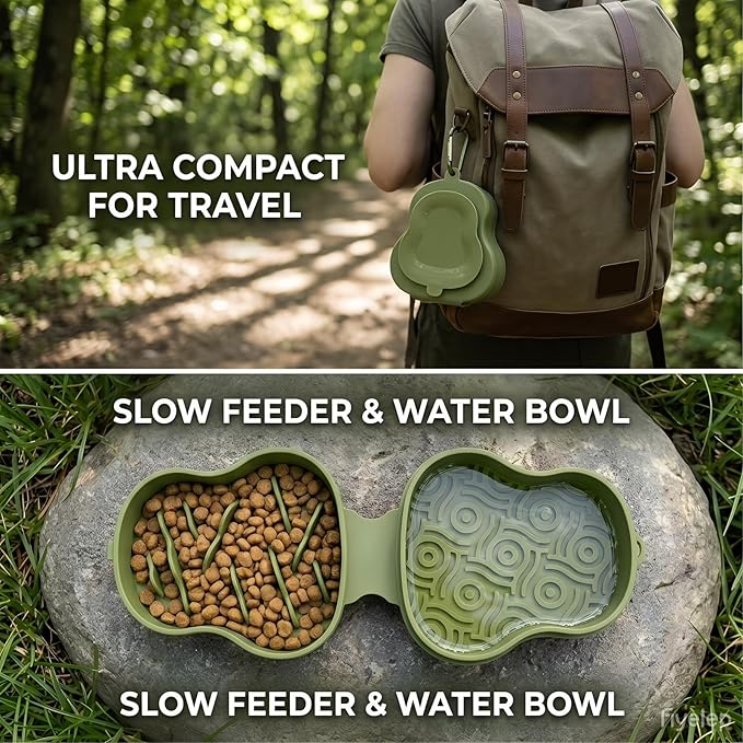 Collapsible Dog Travel Bowl with Lid, Portable Slow Feeder & Lick Mat Combo, Mess-Free Clamshell Silicone Water Dish for Hiking (Green)