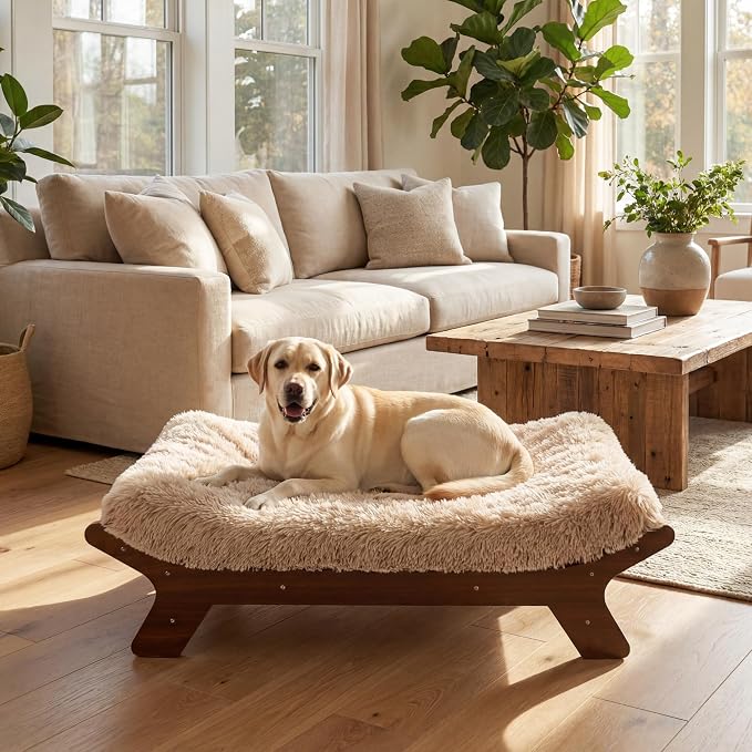 Muihood Wood Elevated Dog Bed Frame and Egg Crate Foam Mattress, Luxurious Suitable for Pets Up to 110 lbs, Walnut Grain Pattern, XL