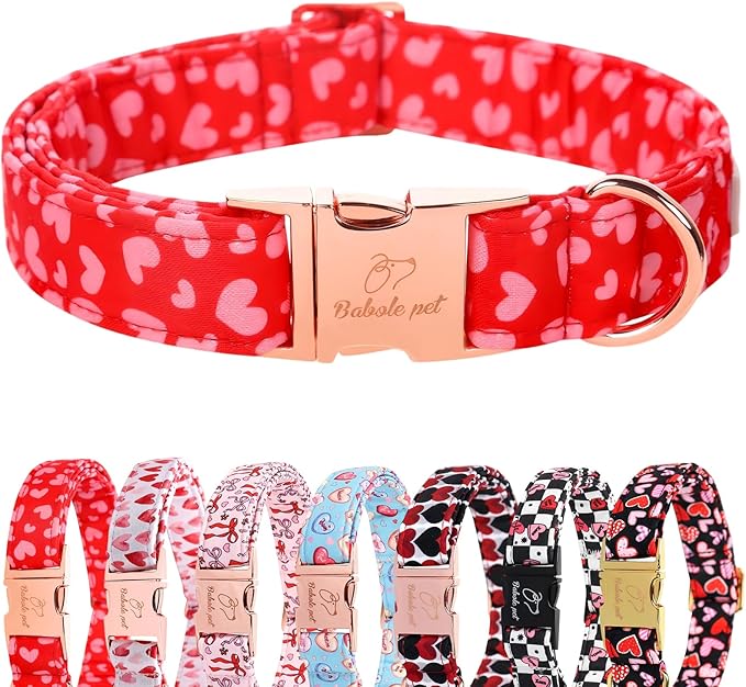 Valentines Dog Collar, Red Pink Heart Valentine Pet Collar with Metal Buckle, Durable Adjustable Holiday Dog Collars for Small Medium Large Dogs M