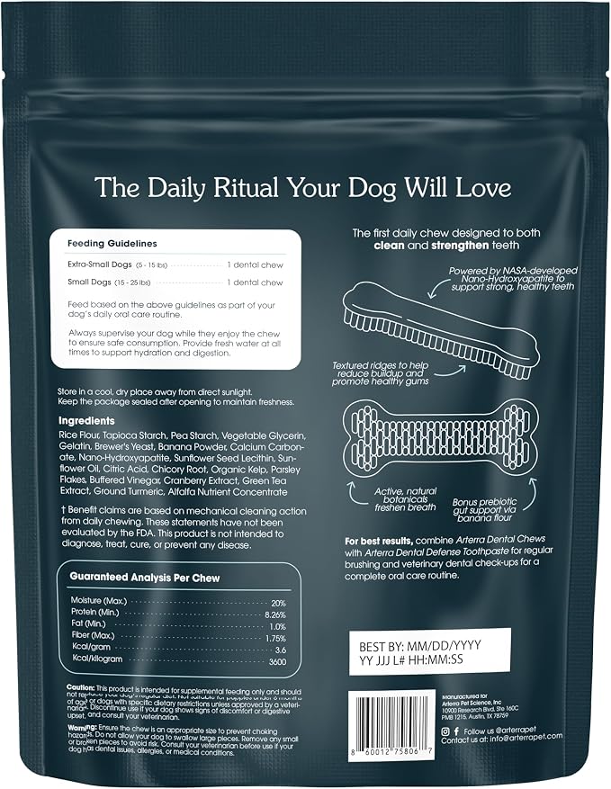 Arterra Pet Science Dog Dental Chews with Nano-Hydroxyapatite Next-Generation Daily Chews for Stronger Teeth, Fresh Breath (Small Dog, 14 Count (Pack of 1))