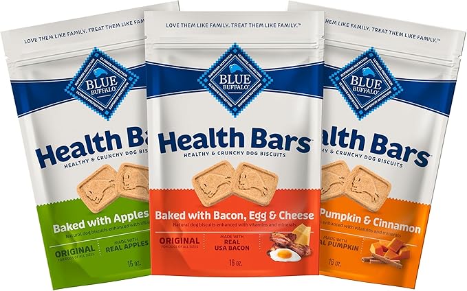Blue Buffalo Health Bars Dog Biscuits Variety Pack (Bacon Egg Cheese, Apples & Yogurt, Pumpkin & Cinnamon) Healthy Dog Treats with No Artificial Flavors or Preservatives, 16 oz. Each (3 Bags)