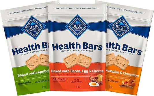 Blue Buffalo Health Bars Dog Biscuits Variety Pack (Bacon Egg Cheese, Apples & Yogurt, Pumpkin & Cinnamon) Healthy Dog Treats with No Artificial Flavors or Preservatives, 16 oz. Each (3 Bags)